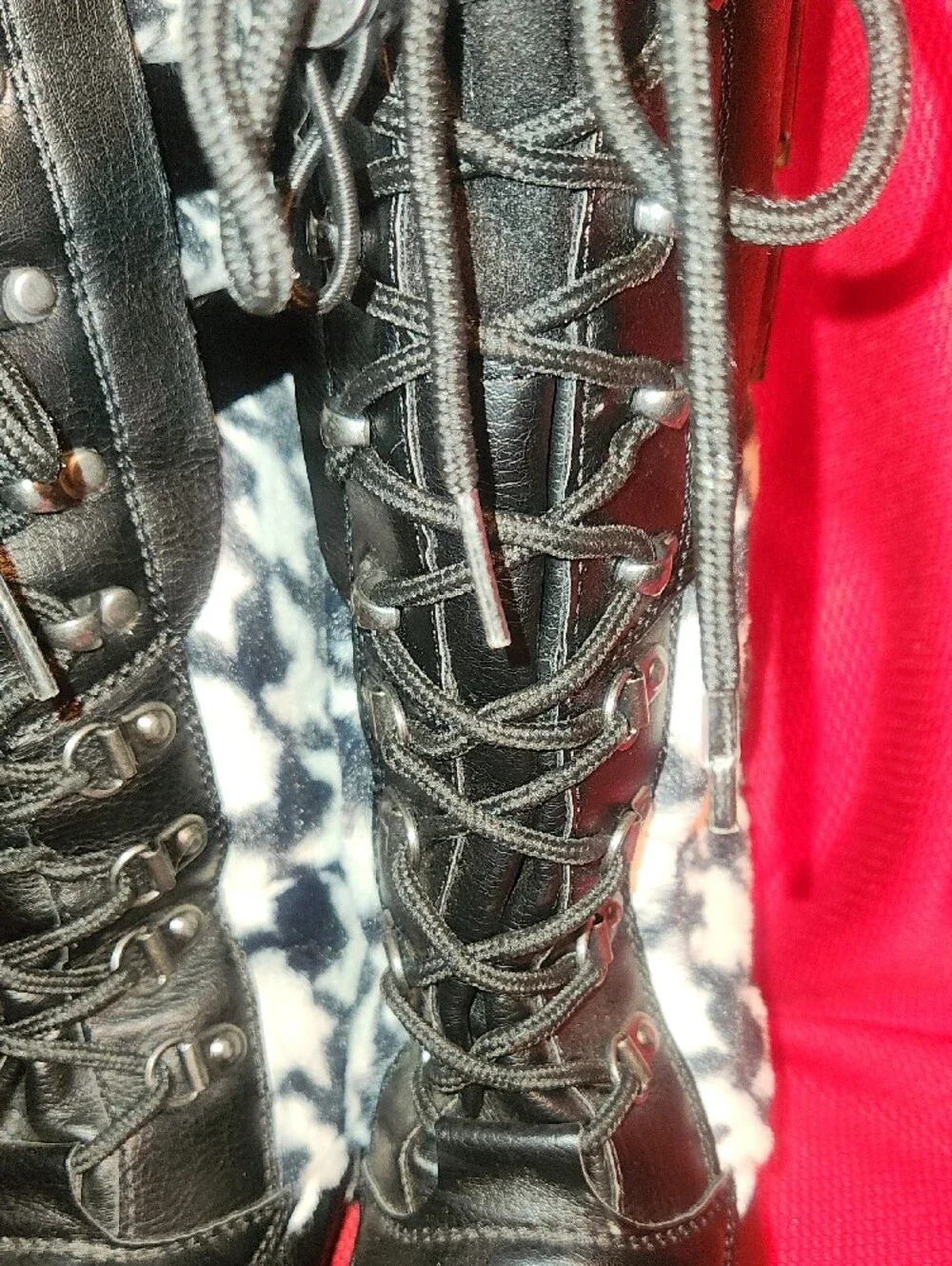 JustFab Black and White Houndstooth Lace-Up Tall Winter Boots